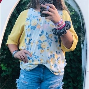 Yellow blue and white floral shirt